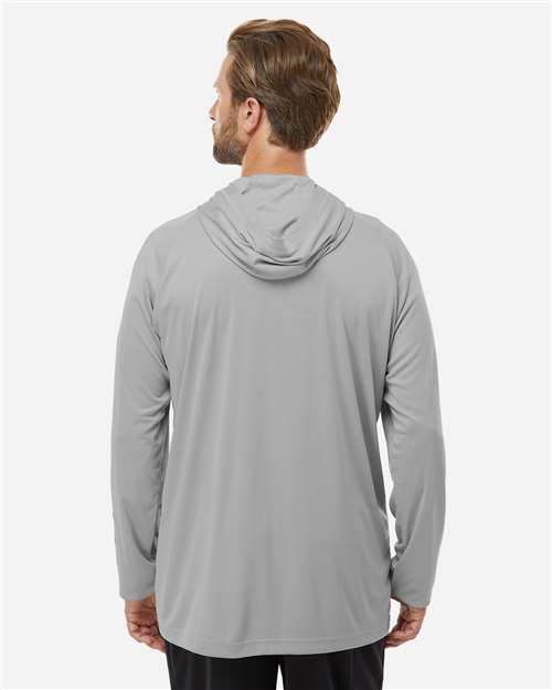 Columbia 212482 Men's PFG Terminal Tackle Hooded Long Sleeve T-Shirt - Cool Grey/ Vivid Blue - model back