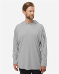 Columbia 212482 Men's PFG Terminal Tackle Hooded Long Sleeve T-Shirt - Cool Grey/ Vivid Blue - model front