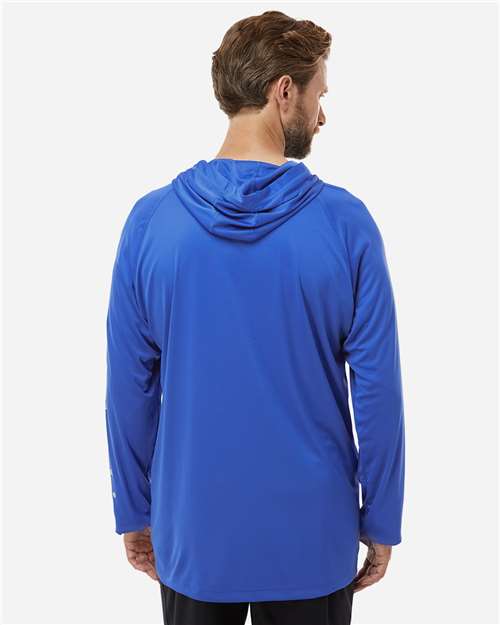Columbia 212482 Men's PFG Terminal Tackle Hooded Long Sleeve T-Shirt - Vivid Blue/ Cool Grey - model back