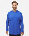Columbia 212482 Men's PFG Terminal Tackle Hooded Long Sleeve T-Shirt - Vivid Blue/ Cool Grey - model front