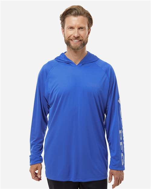 Columbia 212482 Men's PFG Terminal Tackle Hooded Long Sleeve T-Shirt - Vivid Blue/ Cool Grey - model front