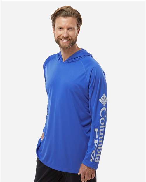Columbia 212482 Men's PFG Terminal Tackle Hooded Long Sleeve T-Shirt - Vivid Blue/ Cool Grey - model side