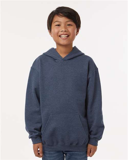 Tultex 320Y Youth Hooded Sweatshirt - Heather Denim - model front