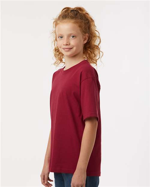 M&O 4850 Youth Gold Soft Touch T-Shirt - Cardinal Red - model side