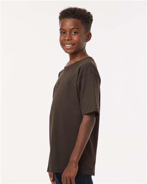 M&O 4850 Youth Gold Soft Touch T-Shirt - Chocolate - model side
