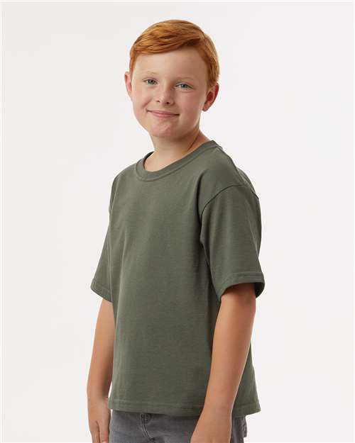 M&O 4850 Youth Gold Soft Touch T-Shirt - Military Green - model side