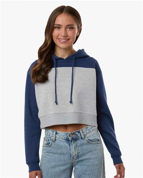 Boxercraft BW5404 Women's Cropped Fleece Hooded Sweatshirt - Navy/ Oxford Heather - model front