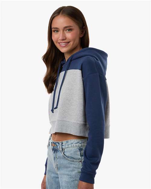 Boxercraft BW5404 Women's Cropped Fleece Hooded Sweatshirt - Navy/ Oxford Heather - model side