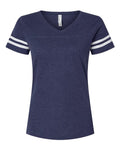 LAT 3537 Women's Football V-Neck Fine Jersey Tee - Vintage True Navy/ Blended White - front