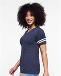 LAT 3537 Women's Football V-Neck Fine Jersey Tee - Vintage True Navy/ Blended White - model side