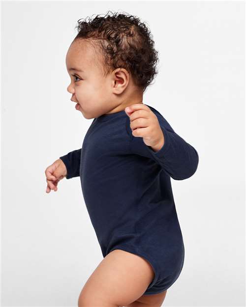 Rabbit Skins 4421 Infant Fine Jersey Long Sleeve Bodysuit - Navy - model side