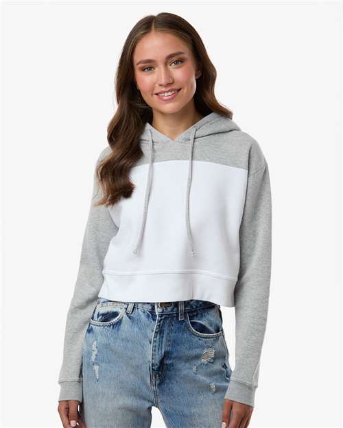 Boxercraft BW5404 Women's Cropped Fleece Hooded Sweatshirt - White/ Oxford Heather - model front