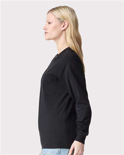 American Apparel 9410 Unisex Super Heavyweight Long Sleeve Pocket Tee - Black - model side