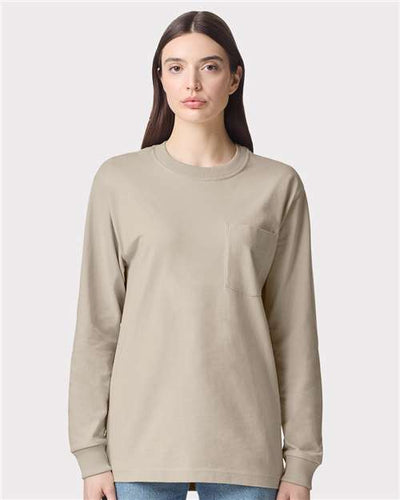 American Apparel 9410 Unisex Super Heavyweight Long Sleeve Pocket Tee - Bone - model front