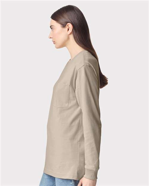 American Apparel 9410 Unisex Super Heavyweight Long Sleeve Pocket Tee - Bone - model side