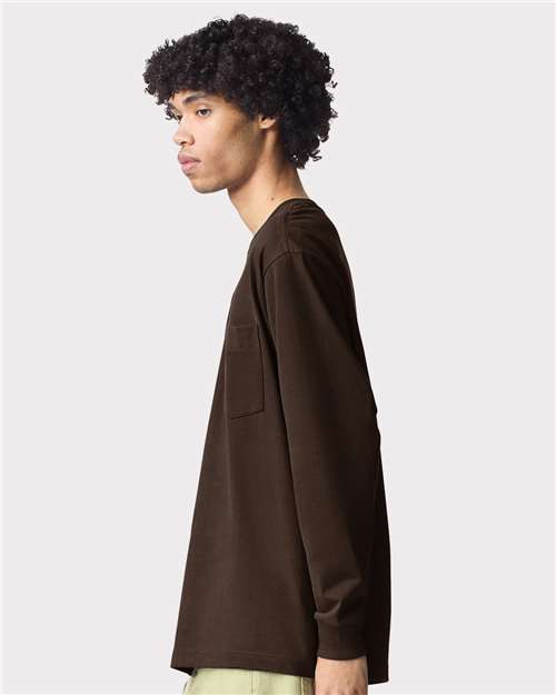 American Apparel 9410 Unisex Super Heavyweight Long Sleeve Pocket Tee - Brown - model side