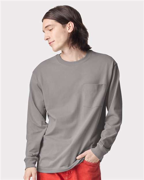 American Apparel 9410 Unisex Super Heavyweight Long Sleeve Pocket Tee - Gravel - model front