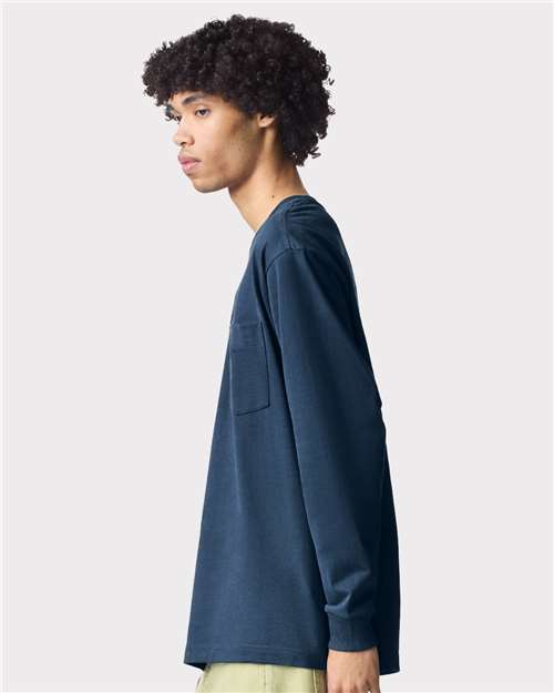 American Apparel 9410 Unisex Super Heavyweight Long Sleeve Pocket Tee - Sea Blue - model side