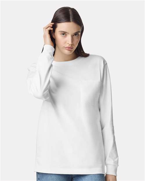 American Apparel 9410 Unisex Super Heavyweight Long Sleeve Pocket Tee - White - model front
