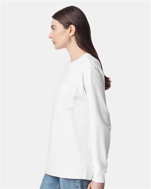 American Apparel 9410 Unisex Super Heavyweight Long Sleeve Pocket Tee - White - model side