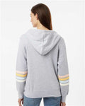 MV Sport W22732 Women's Striped Sleeves Full-Zip Hooded Sweatshirt - Heather Grey - model back