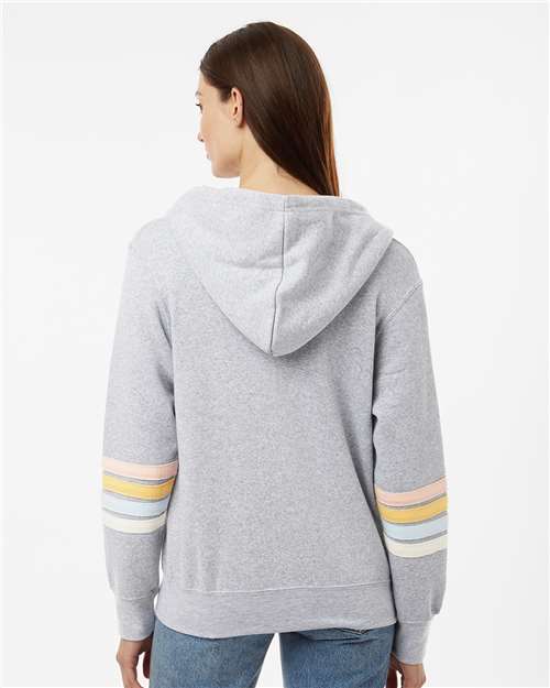 MV Sport W22732 Women's Striped Sleeves Full-Zip Hooded Sweatshirt - Heather Grey - model back