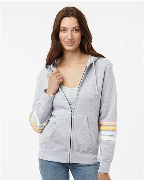 MV Sport W22732 Women's Striped Sleeves Full-Zip Hooded Sweatshirt - Heather Grey - model front