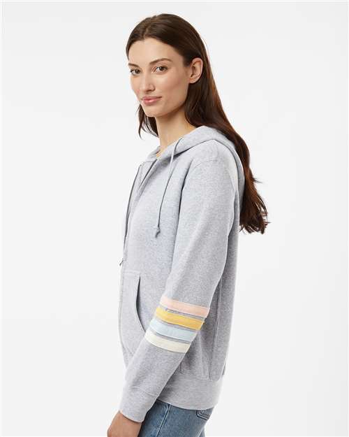 MV Sport W22732 Women's Striped Sleeves Full-Zip Hooded Sweatshirt - Heather Grey - model side