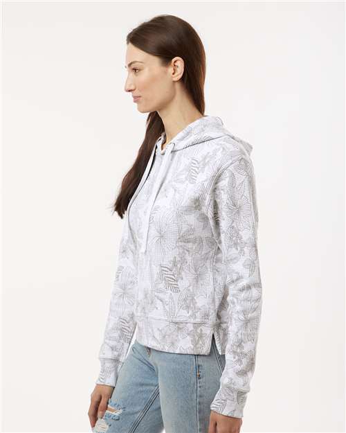 MV Sport W24105 Women's Maddie Floral Print Hooded Sweatshirt - Ash - model side