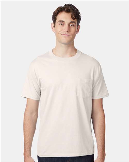Hanes 5190 Men's Beefy-T Pocket T-Shirt - Natural - model front