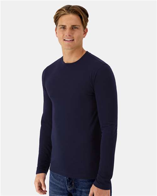 Hanes 484L Unisex Cool DRI Cotton Touch Long Sleeve T-Shirt - Athletic Navy - model side