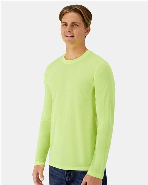 Hanes 484L Unisex Cool DRI Cotton Touch Long Sleeve T-Shirt - Safety Green - model side