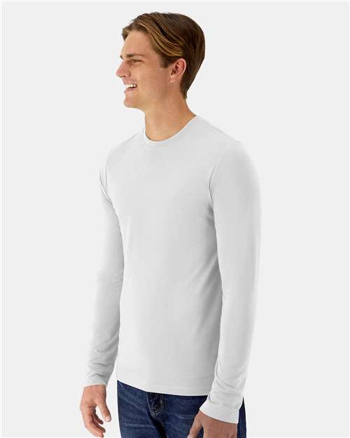 Hanes 484L Unisex Cool DRI Cotton Touch Long Sleeve T-Shirt - White - model side