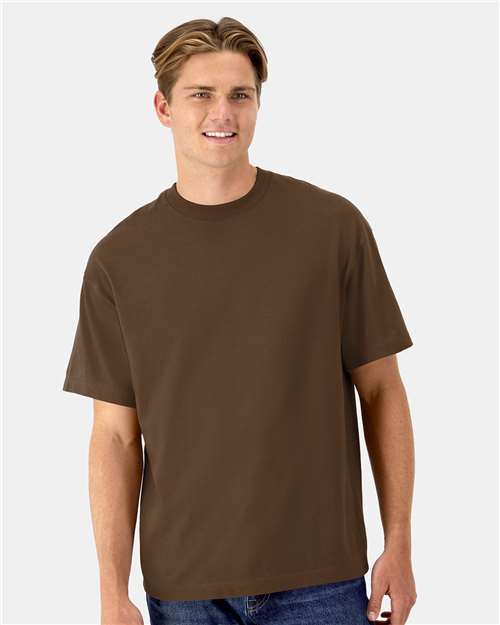 Hanes 5180R Unisex Beefy-T Retro Street T-Shirt - Army Brown - model front