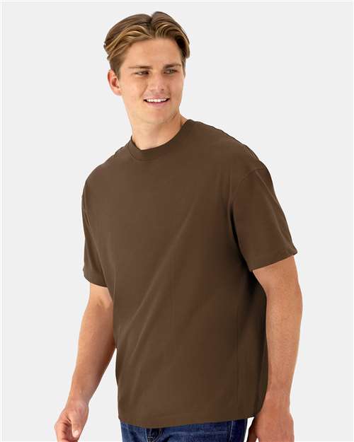 Hanes 5180R Unisex Beefy-T Retro Street T-Shirt - Army Brown - model side