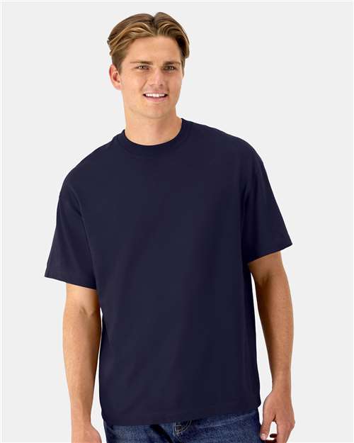 Hanes 5180R Unisex Beefy-T Retro Street T-Shirt - Athletic Navy - model front