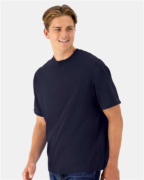 Hanes 5180R Unisex Beefy-T Retro Street T-Shirt - Athletic Navy - model side