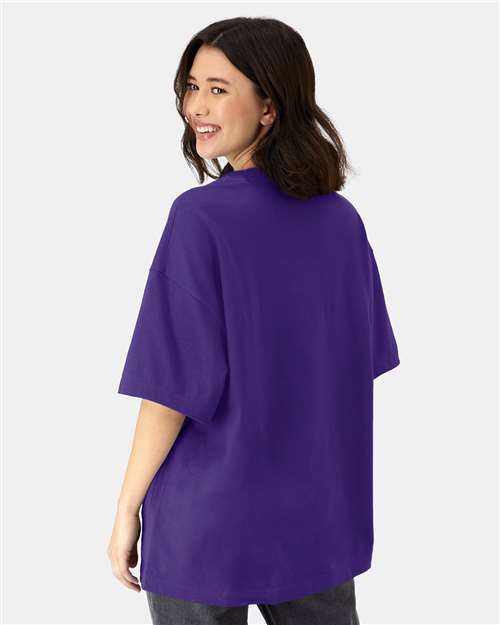 Hanes 5180R Unisex Beefy-T Retro Street T-Shirt - Athletic Purple - model back