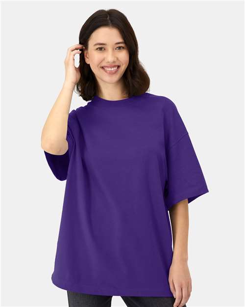 Hanes 5180R Unisex Beefy-T Retro Street T-Shirt - Athletic Purple - model front