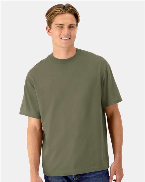 Hanes 5180R Unisex Beefy-T Retro Street T-Shirt - Fatigue Green - model front