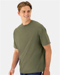 Hanes 5180R Unisex Beefy-T Retro Street T-Shirt - Fatigue Green - model side