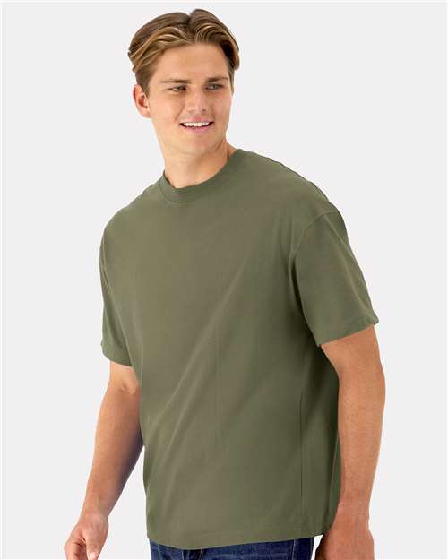 Hanes 5180R Unisex Beefy-T Retro Street T-Shirt - Fatigue Green - model side