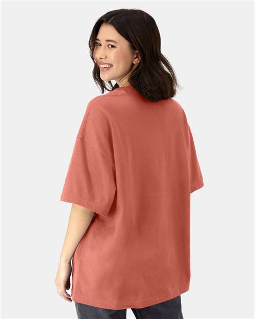 Hanes 5180R Unisex Beefy-T Retro Street T-Shirt - Picante Pink - model back