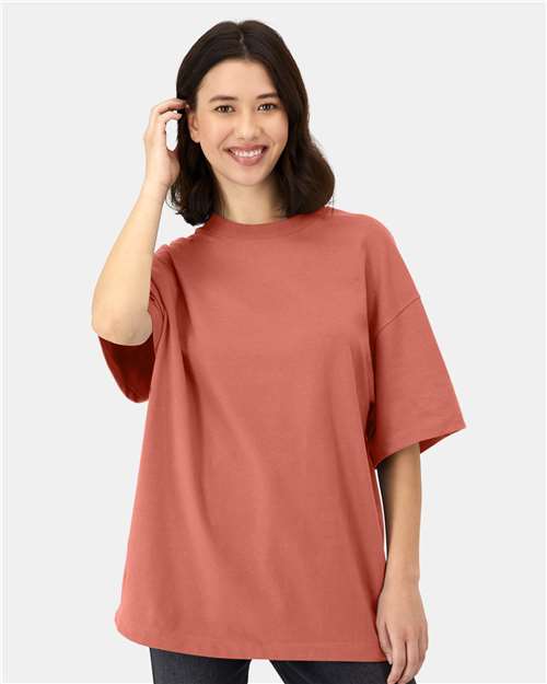 Hanes 5180R Unisex Beefy-T Retro Street T-Shirt - Picante Pink - model front