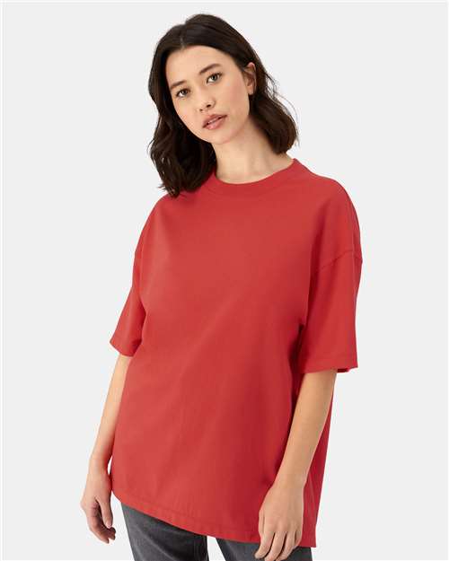 Hanes 5180R Unisex Beefy-T Retro Street T-Shirt - Poppy Red - model front
