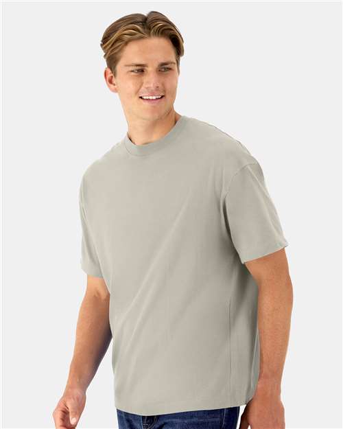 Hanes 5180R Unisex Beefy-T Retro Street T-Shirt - Sand - model side