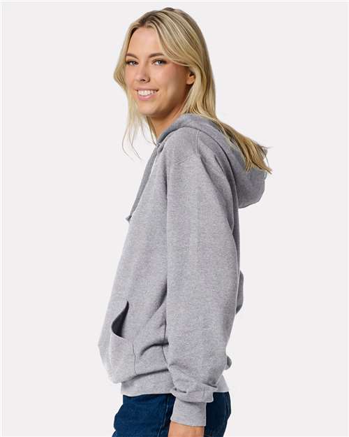 Jerzees IC49MR Unisex Ultimate CVC Hooded Sweatshirt - Athletic Heather - model side
