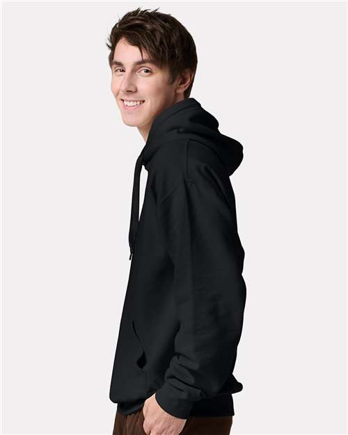 Jerzees IC49MR Unisex Ultimate CVC Hooded Sweatshirt - Black Ink - model side