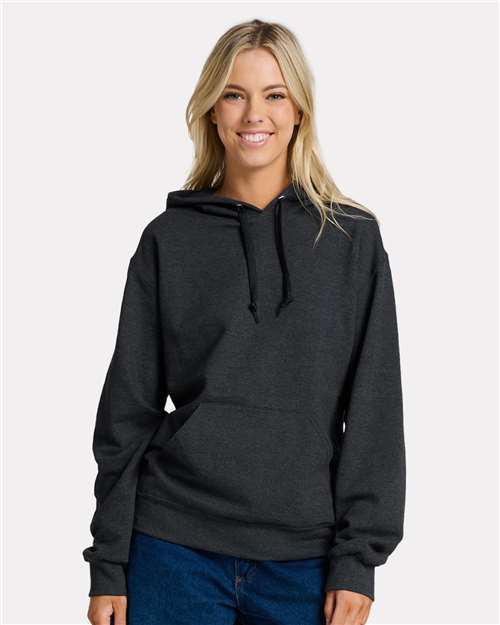 Jerzees IC49MR Unisex Ultimate CVC Hooded Sweatshirt - Black Ink Heather - model front