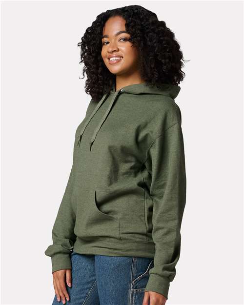 Jerzees IC49MR Unisex Ultimate CVC Hooded Sweatshirt - Military Green Heather - model side